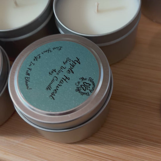 Apple Harvest soy wax candles in decorative 4oz. tin vessels with glittery labels