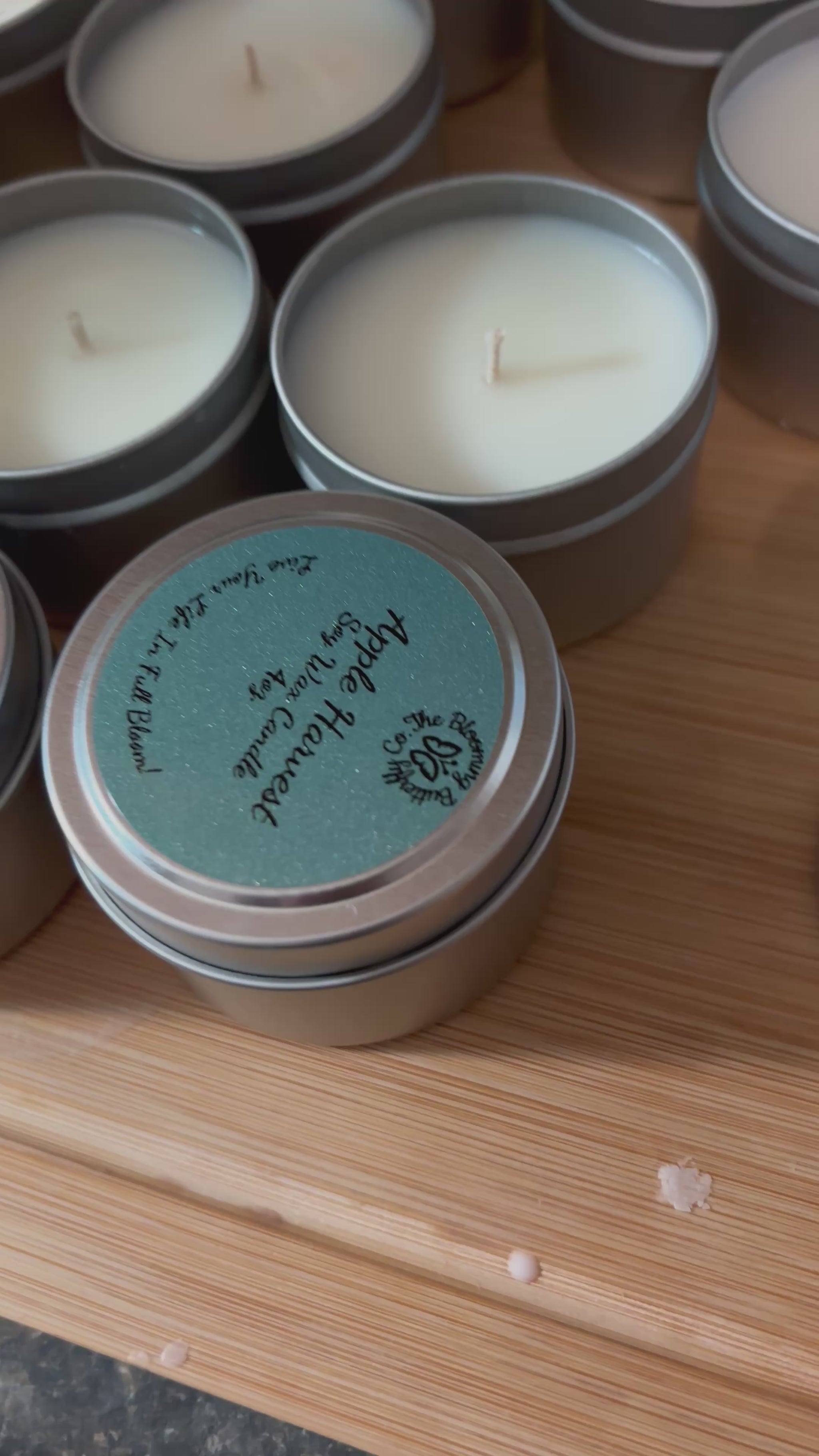 Apple Harvest soy wax candles in decorative 4oz. tin vessels with glittery labels
