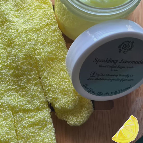 video of sparkling lemonade sugar scrub and exfoliating bath gloves