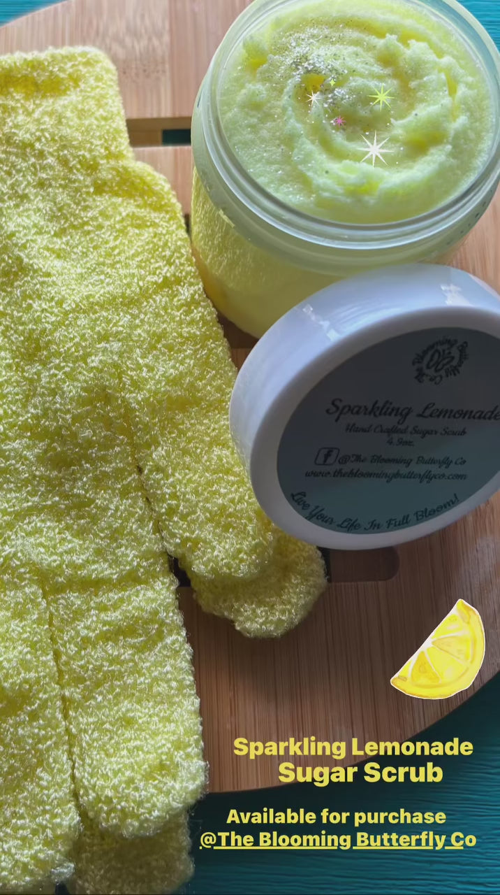 video of sparkling lemonade sugar scrub and exfoliating bath gloves