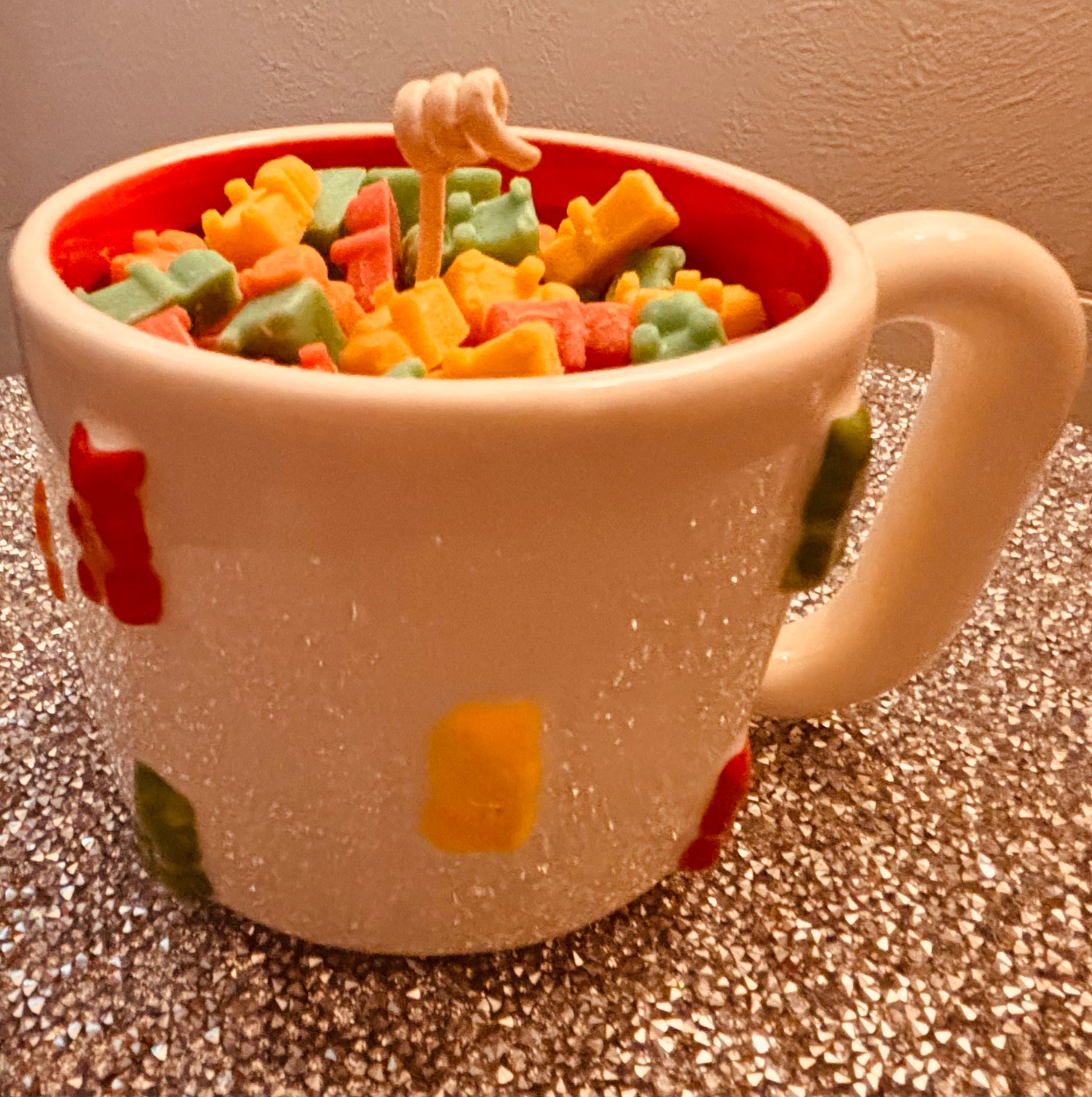 yummy gummy soy wax candle in decorative yummy gummy mug, fruity fragrance, fun, playful soy wax candle